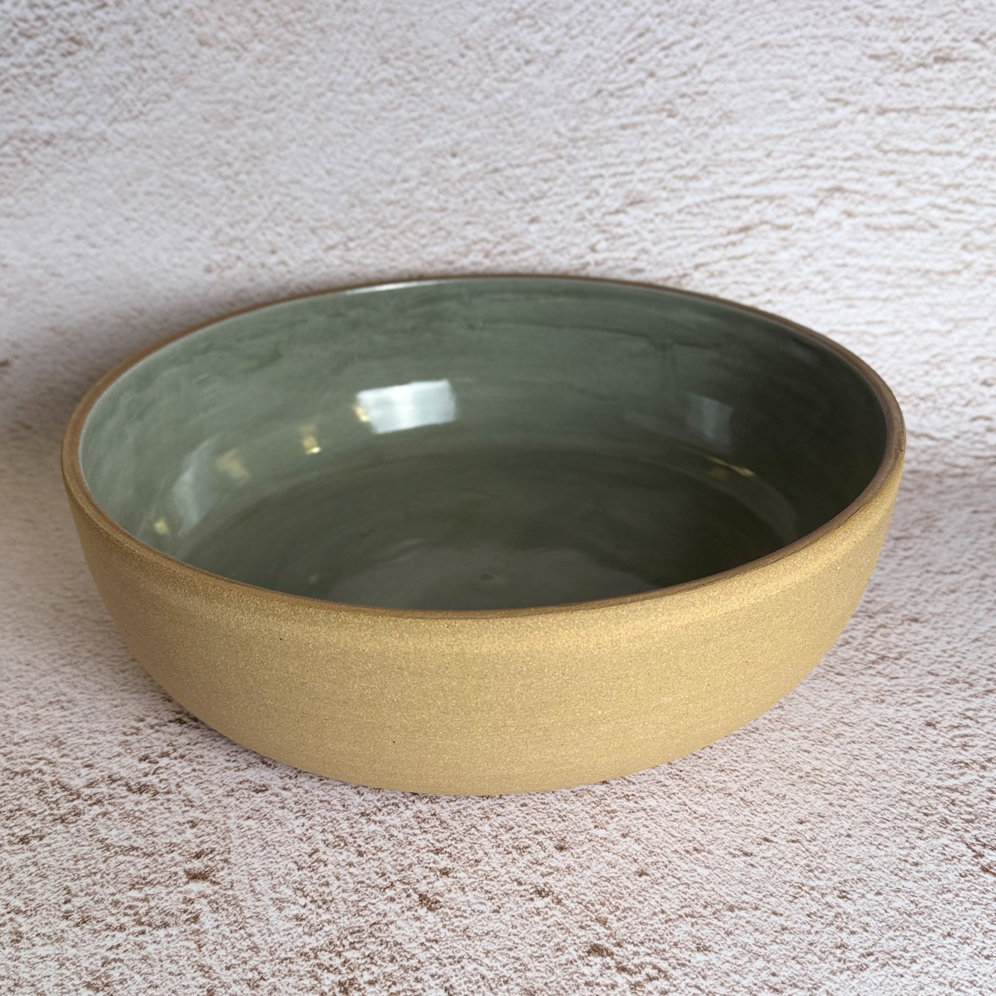 Extra Large Serving Bowl - Warm Brown Stoneware / Sage Green Gloss