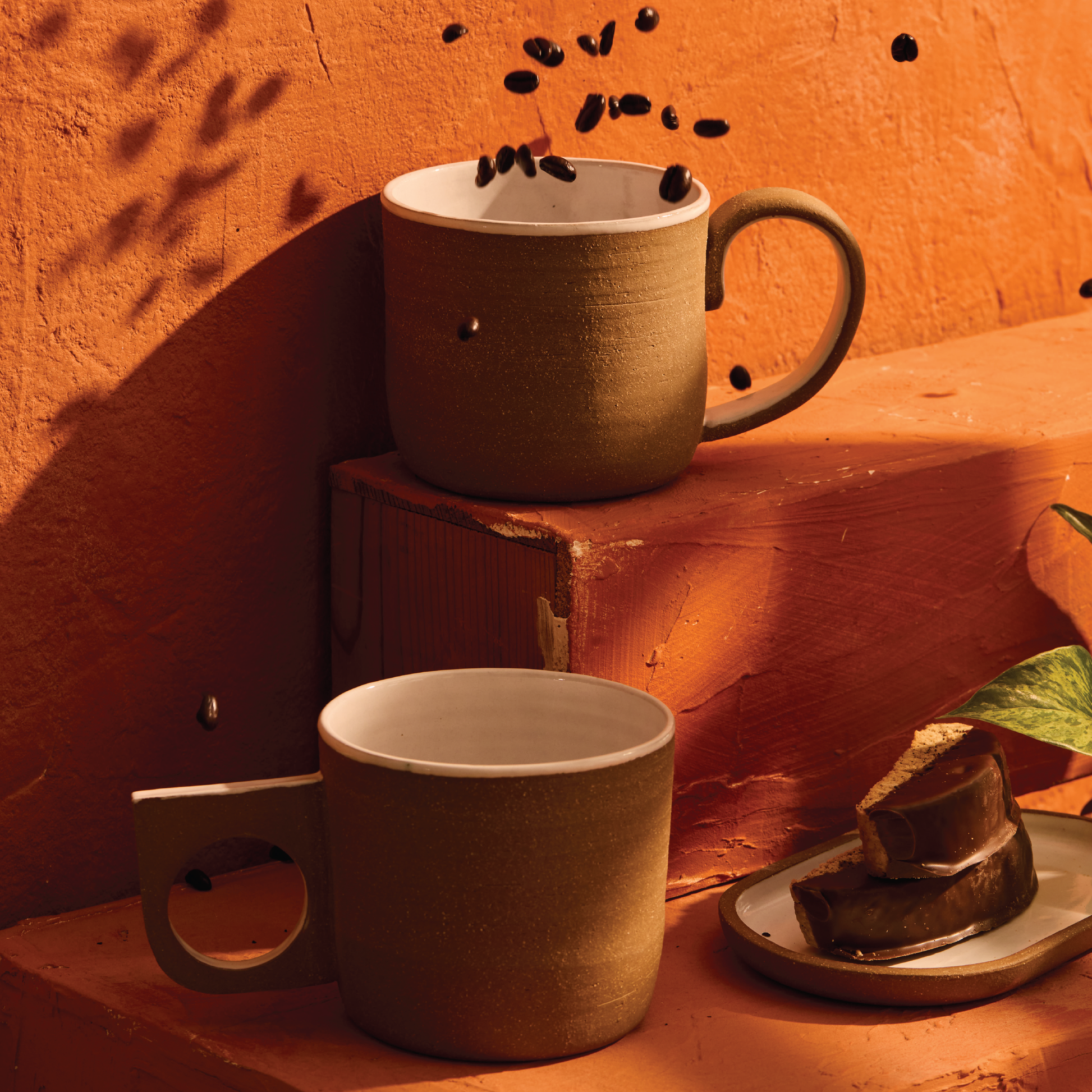 Tall Loop Handle Mug - Dark Brown Stoneware / White Gloss